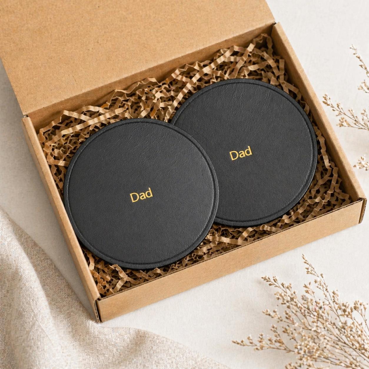 Personalised Leather Coaster Set β Handmade Full Grain Leather Coasters β Custom Engraved Gift