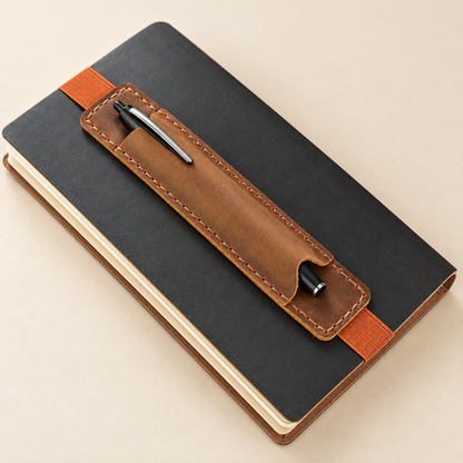 Dark brown leather stylus holder for a compatible tablet or notebook