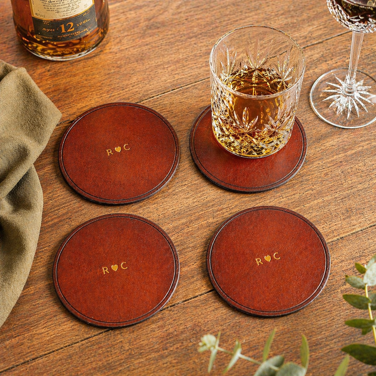 Personalised Leather Coaster Set – Handmade Full Grain Leather Coasters – Custom Engraved Gift