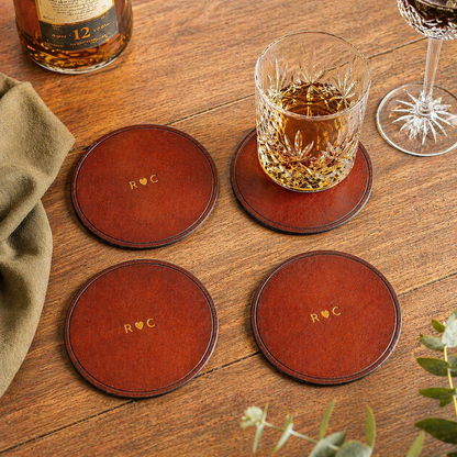 Personalised Leather Coaster Set – Handmade Full Grain Leather Coasters – Custom Engraved Gift