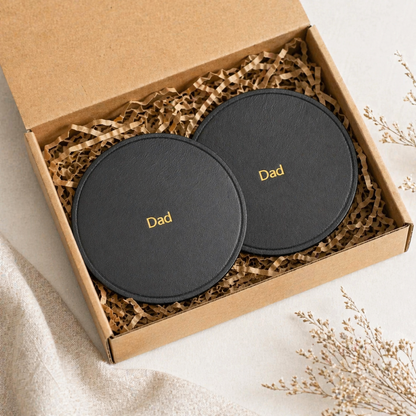 Personalised Leather Coaster Set – Handmade Full Grain Leather Coasters – Custom Engraved Gift