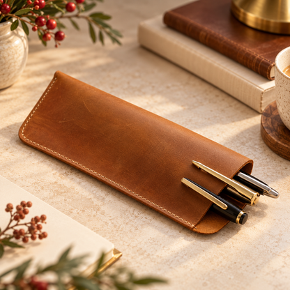Personalised Crazy Horse leather glasses case and pen sleeve in light brown