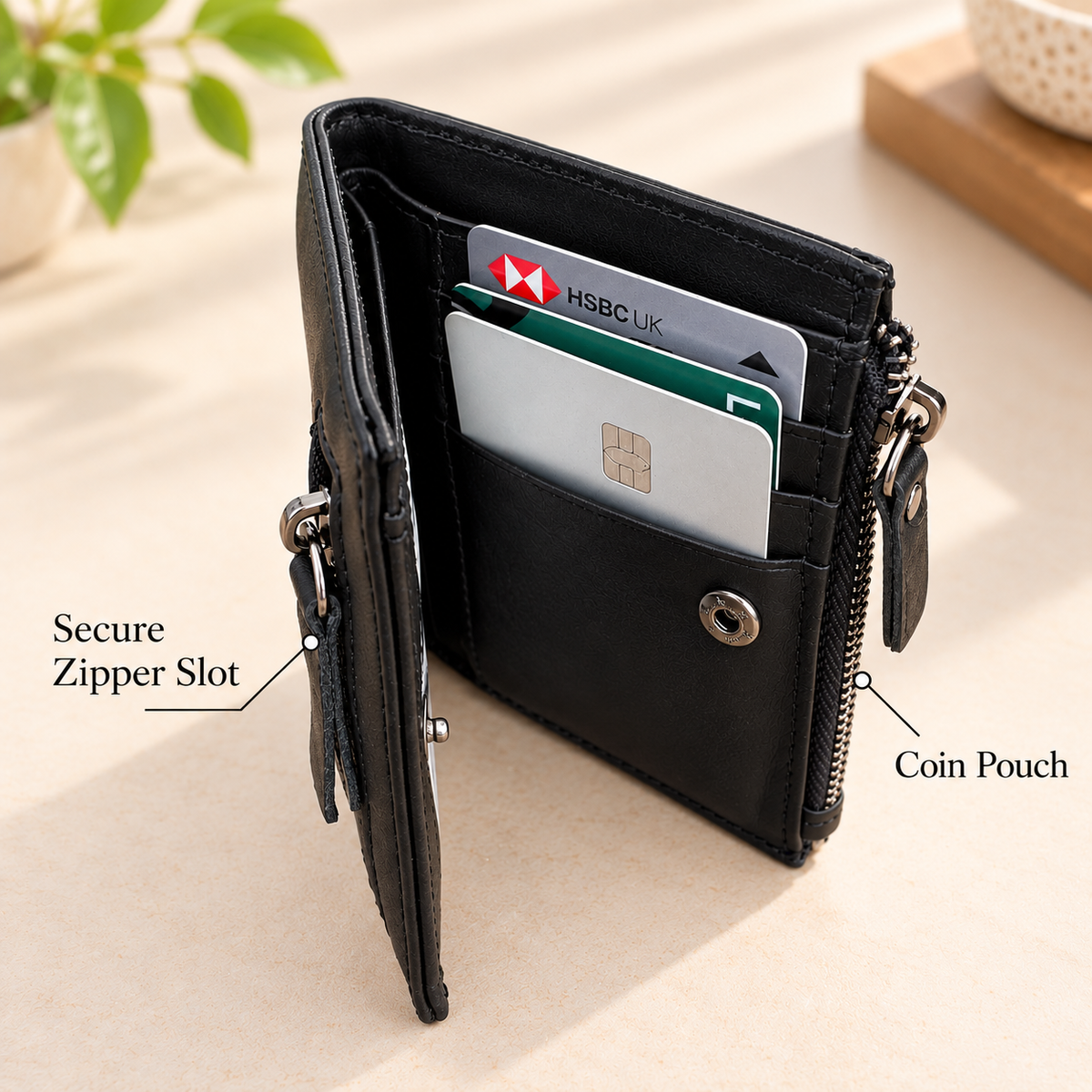 Personalised Men's Wallet – Compact Bifold Wallet with Zipper Pockets