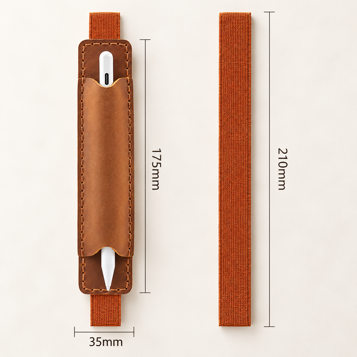 Light brown genuine leather pen holder with elastic attachment