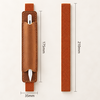Light brown genuine leather pen holder with elastic attachment
