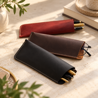 Dark brown leather pen sleeve with natural Crazy Horse grain