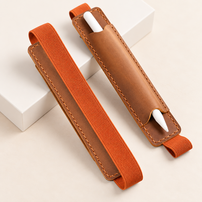 Azzo Handmade genuine leather pen holder with orange elastic strap