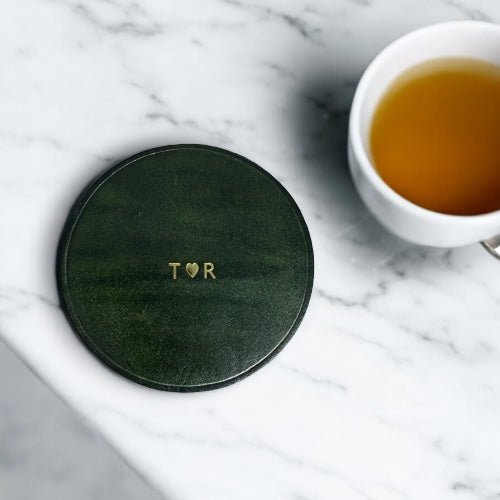 Personalised green leather coaster