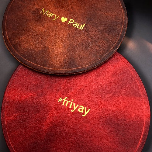 Personalised red leather coaster