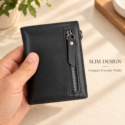Personalised Men's Wallet – Compact Bifold Wallet with Zipper Pockets