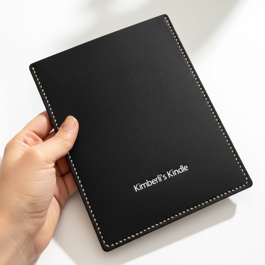 Azzohandmade black full grain leather sleeve for Kobo e-readers, hand-stitched with contrast thread. Slim, protective case.