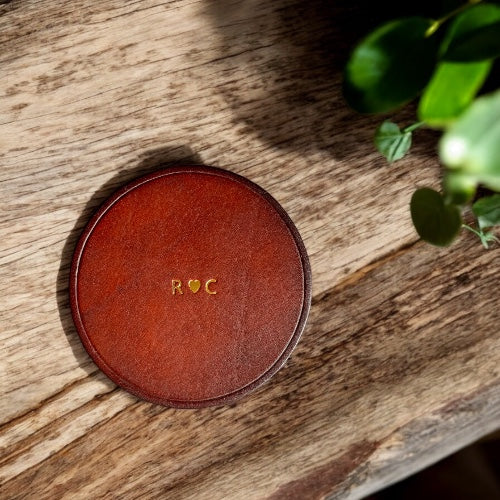 personalised brown leather coaster