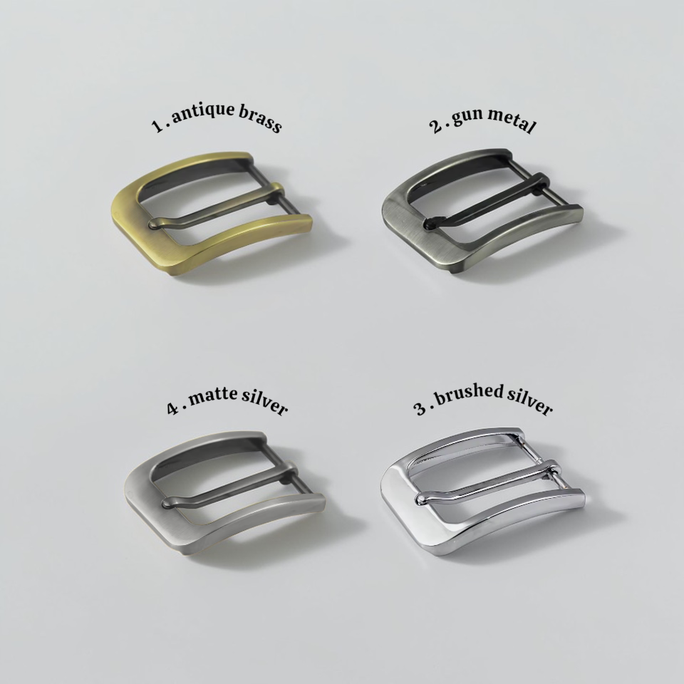 Leather belt buckle options including antique brass, customisable handmade leather belt hardware choices