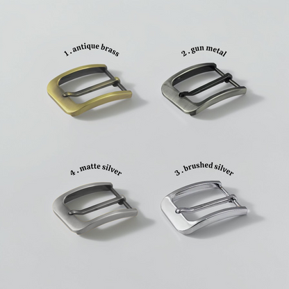 Leather belt buckle options including antique brass, customisable handmade leather belt hardware choices