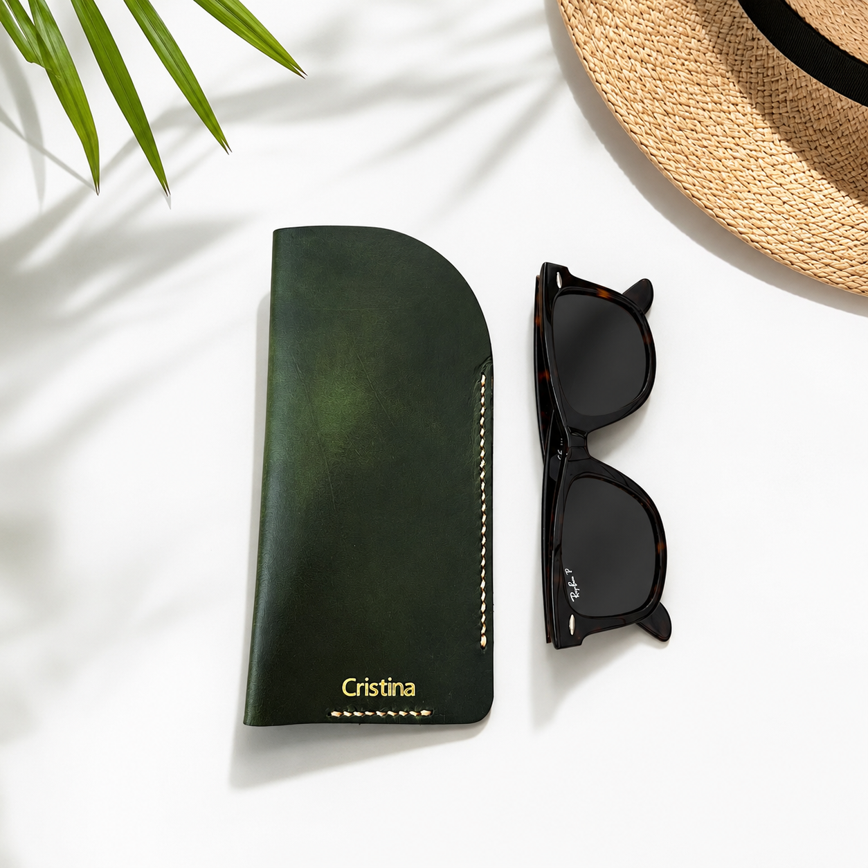 Handmade leather eyeglass case with personalised initials
