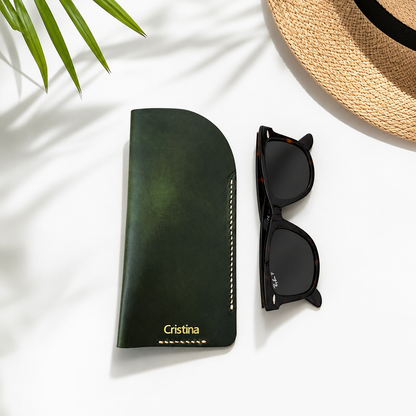 Handmade leather eyeglass case with personalised initials