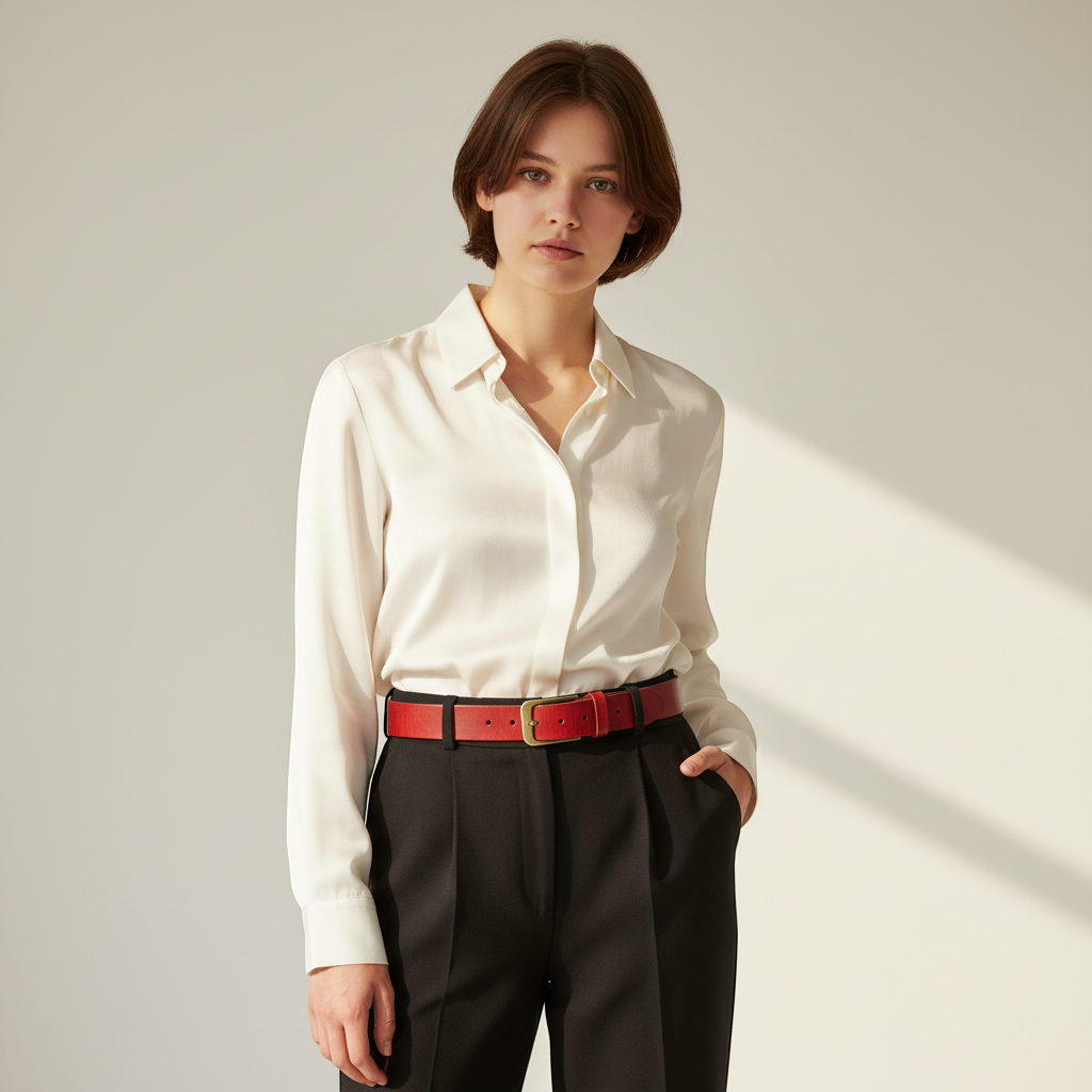 Personalised leather belt for women worn with jeans, handmade vegetable tanned full grain leather belt in red colour.