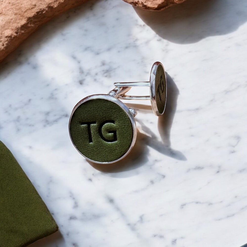 leather personalised cufflink green