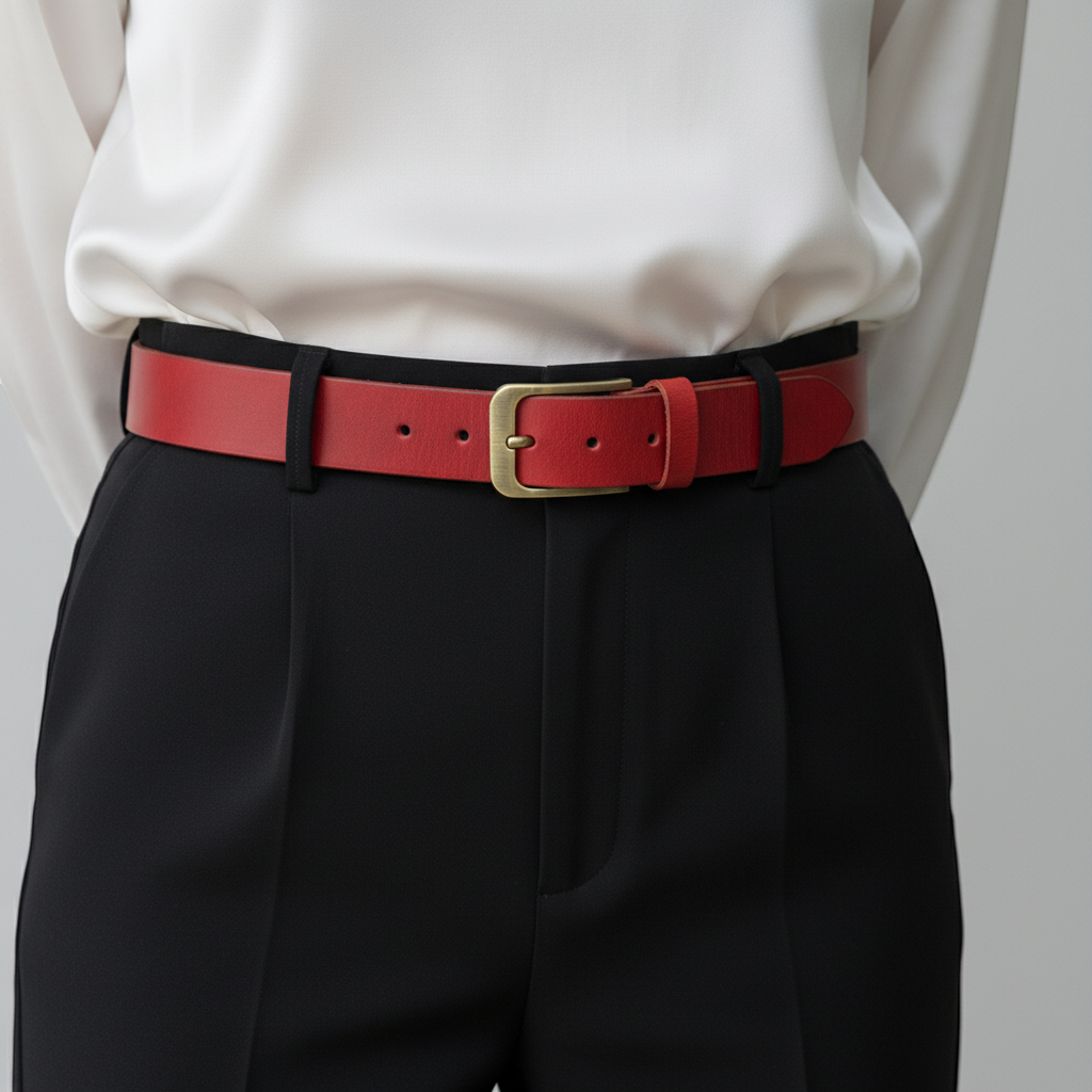 Red belt with a gold buckle worn by a person on a plain background