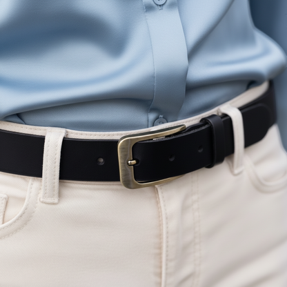 Personalised leather belt for women worn with jeans, handmade vegetable tanned full grain leather belt in black colour