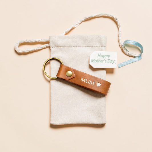 Personalised leather keyring with heart ring for Mum, handmade leather keychain gift
