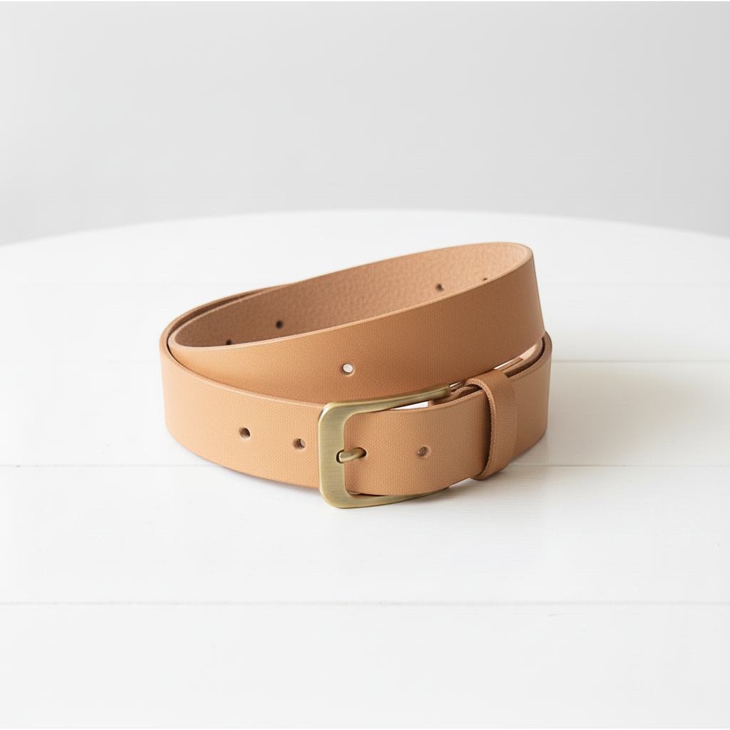 Natural leather belt close-up showing full grain texture and handmade finish, vegetable tanned leather belt detail