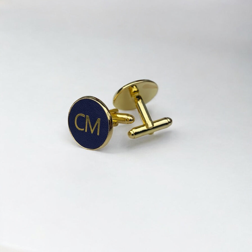 navy leather personalised cufflink