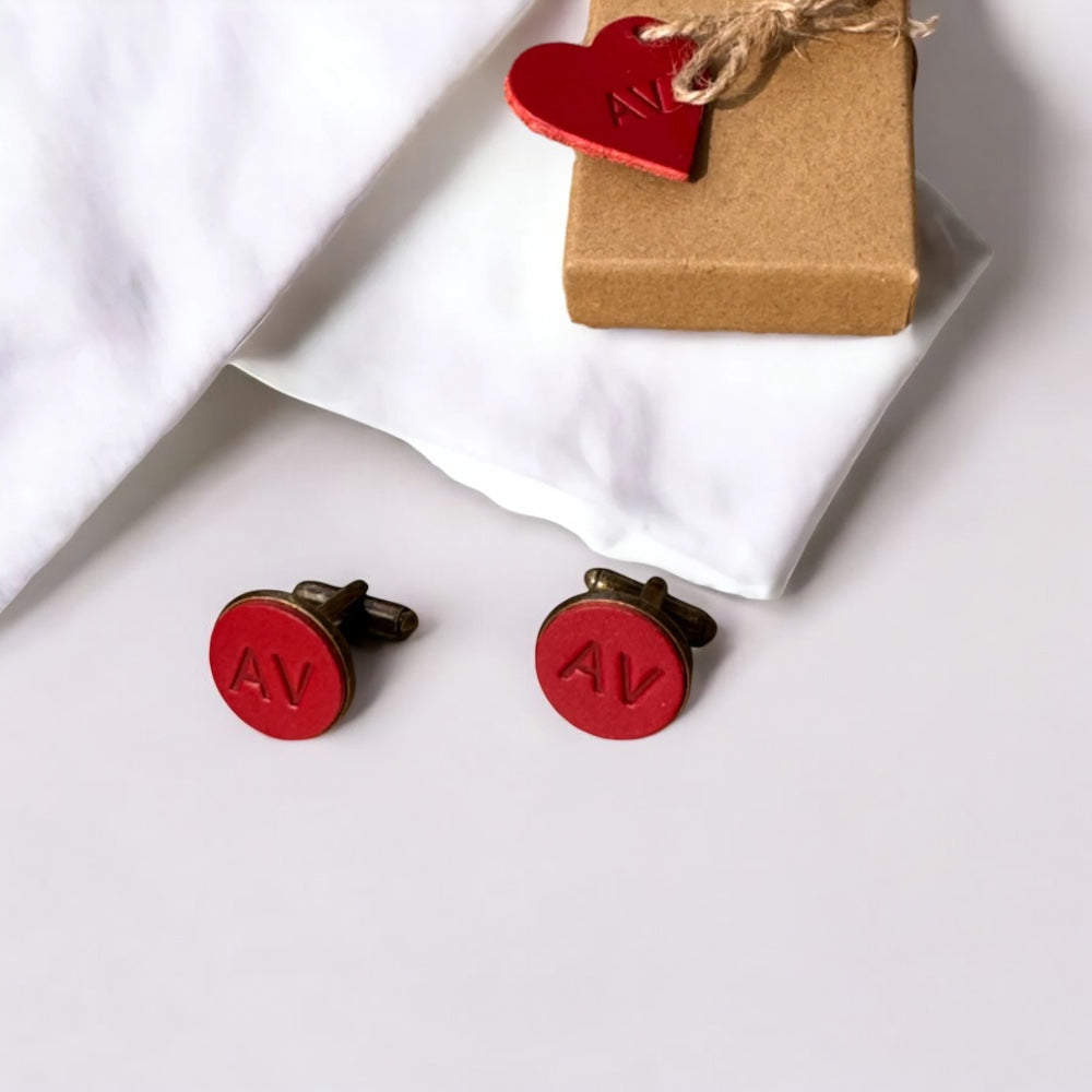 personalised leather cufflink in red