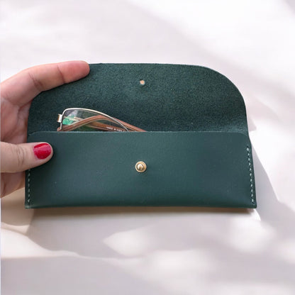 personalised leather glasses case in green