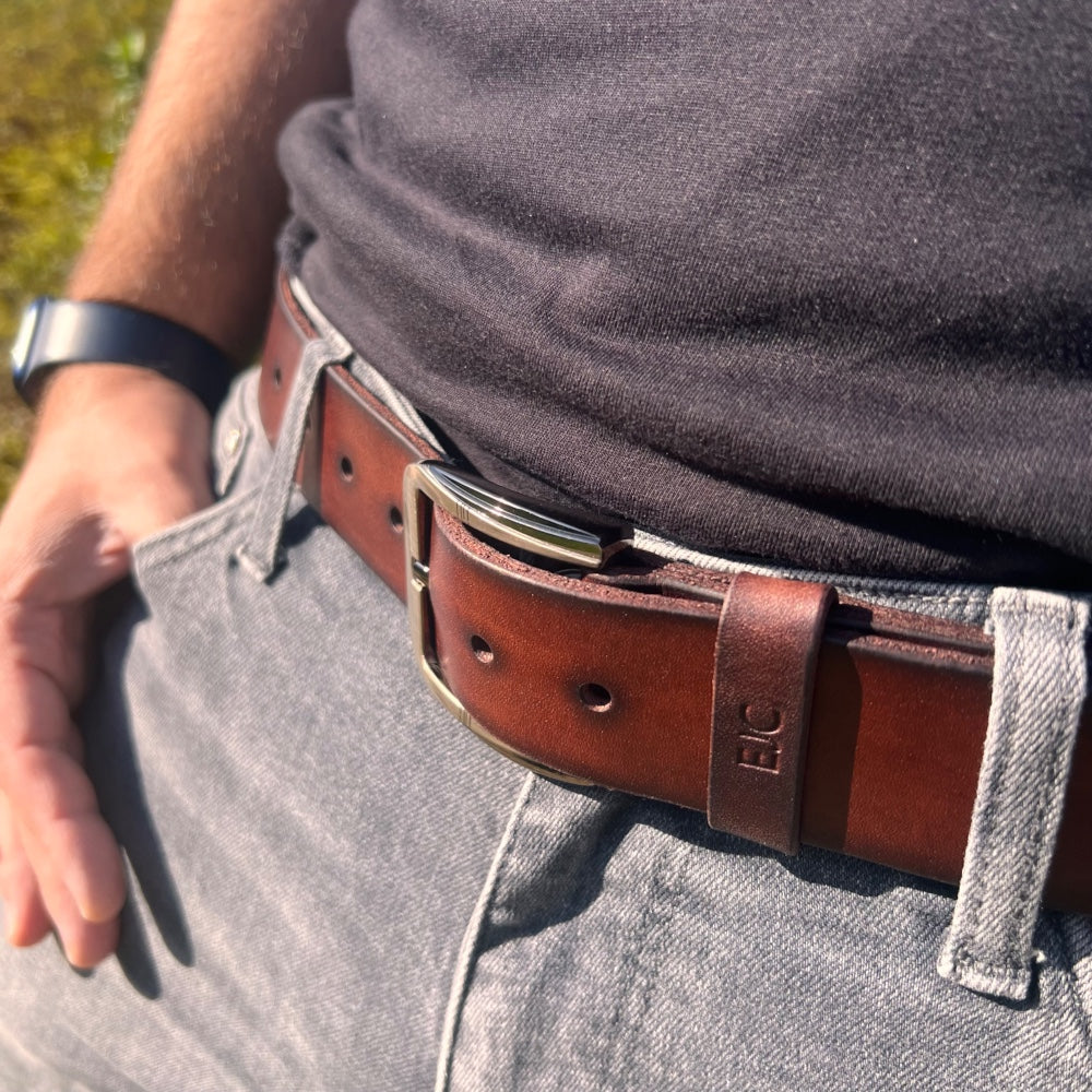 personalised leather men's belt in brown