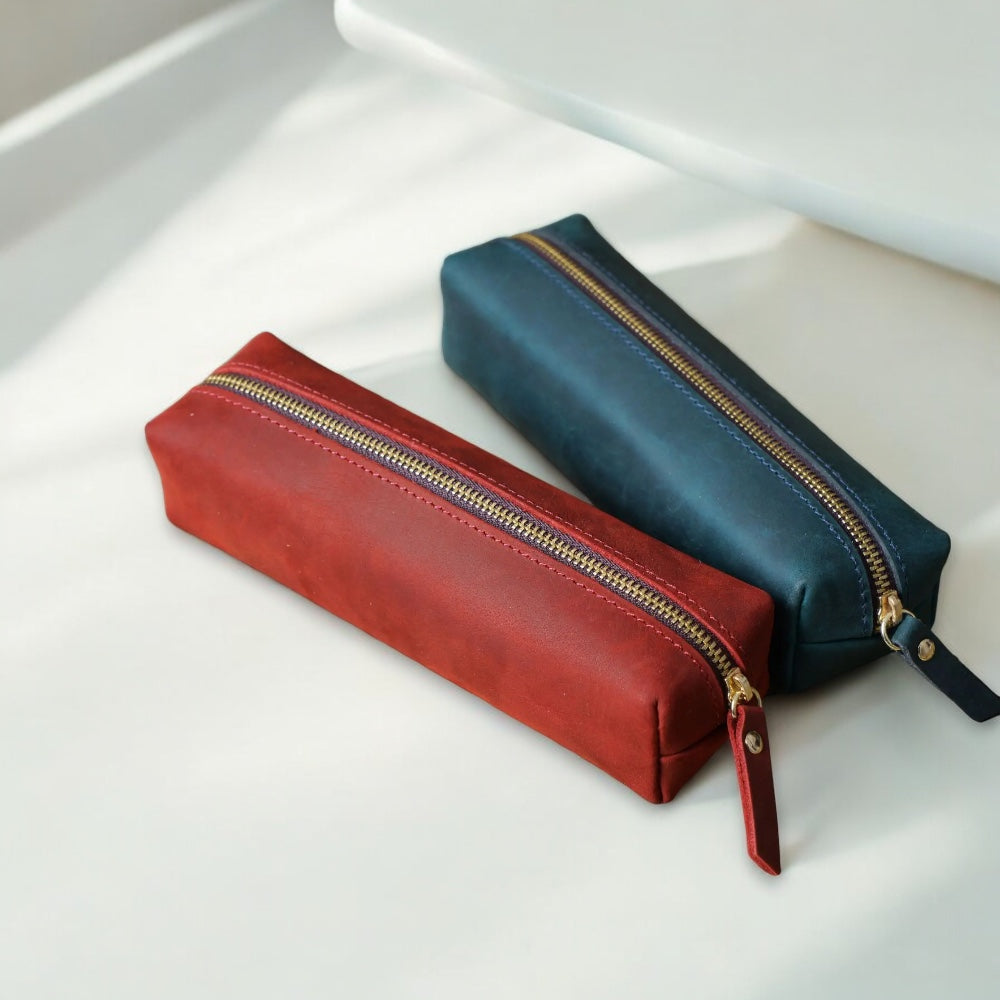 personalised leather pencil case in red