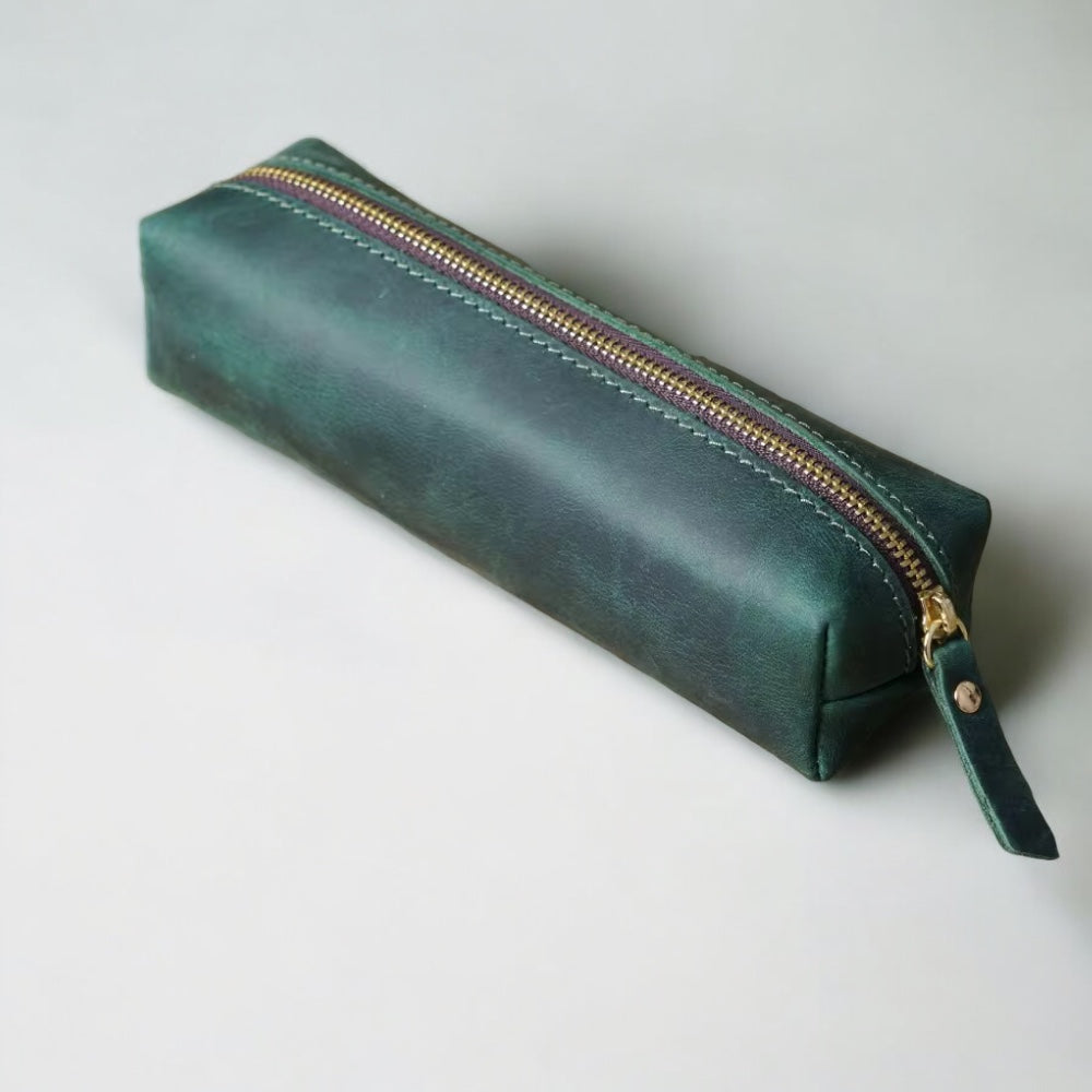 personalised leather pencil case in green