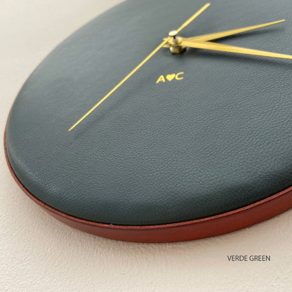 personalised leather wall clock in green