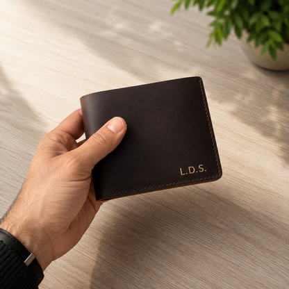 Personalised Crazy Horse leather wallet with gold embossing