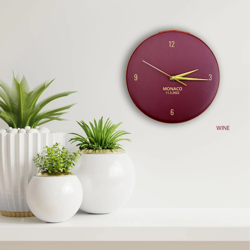 personalised leather wall clock in wine