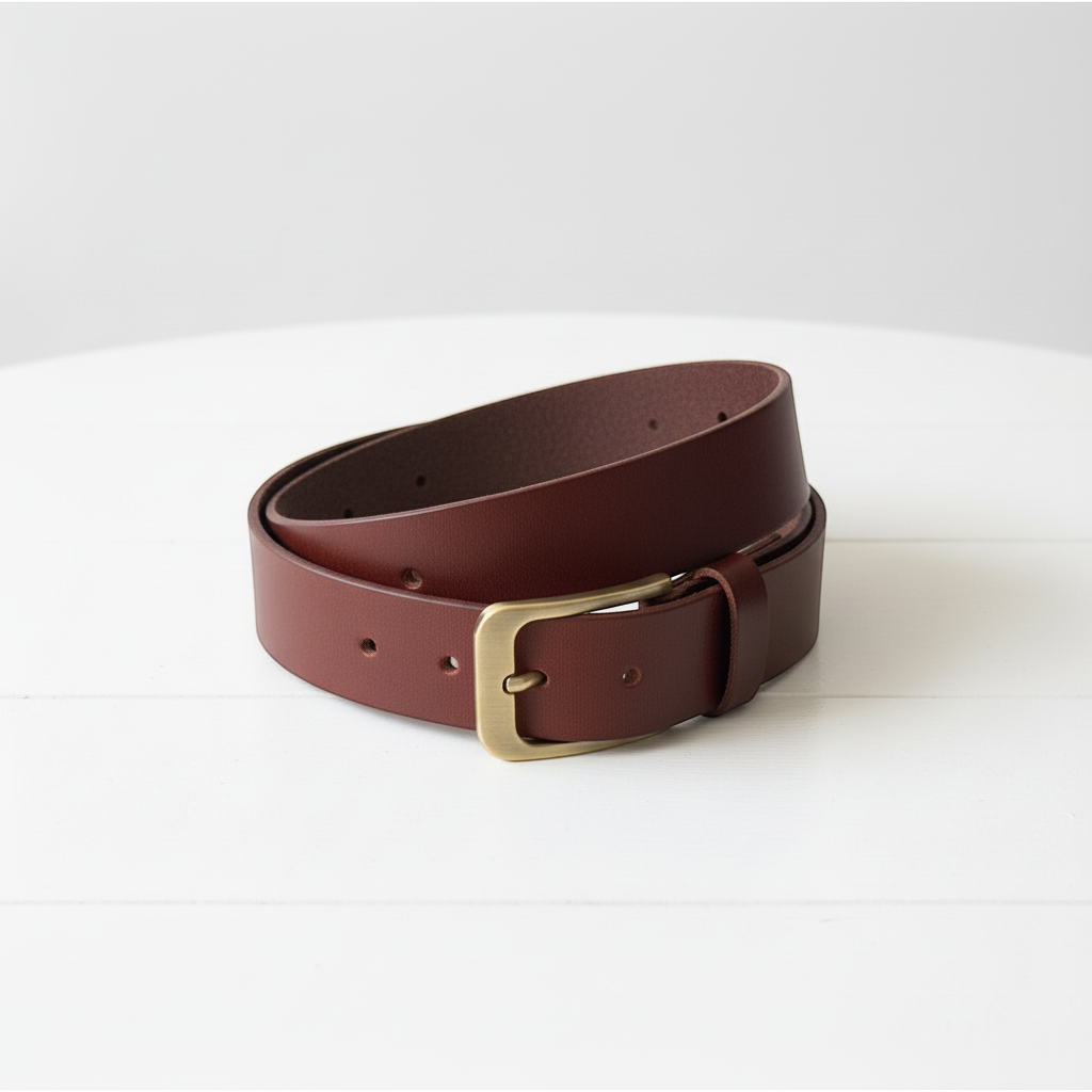 Brown leather belt with a brass buckle on a white background