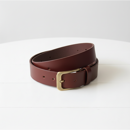 Brown leather belt with a brass buckle on a white background