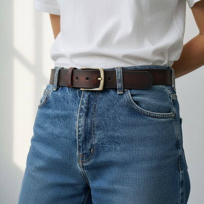 Personalised leather belt for women worn with jeans, handmade vegetable tanned full grain leather belt in chocolate colour
